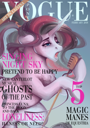 Size: 1064x1500 | Tagged: safe, alternate version, artist:lazyeva, oc, oc only, pony, unicorn, chest fluff, crying, female, horn, magazine cover, mare, microphone, singing, solo