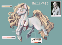 Size: 2500x1800 | Tagged: safe, artist:lazyeva, oc, oc only, oc:beta-704, cyborg, cyborg pony, earth pony, pony, albino, amputee, eyes closed, female, fetlock tuft, mare, prosthetic leg, prosthetic limb, prosthetics, reference sheet, solo