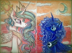 Size: 1200x888 | Tagged: safe, artist:deidad dissitum, princess celestia, princess luna, pony, unicorn, g4, 2020, crown, curly mane, duo, female, horn, jewelry, moon, multicolored hair, outdoors, regalia, siblings, sisters, sky, sun, traditional art