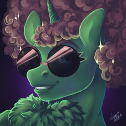 Size: 1000x1000 | Tagged: safe, artist:lazyeva, oc, oc only, pony, unicorn, afro, bust, chest fluff, commission, horn, portrait, smiling, solo, sunglasses