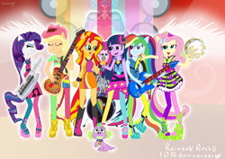 Size: 2400x1700 | Tagged: safe, artist:[mlp] harmony, applejack, dj pon-3, fluttershy, pinkie pie, rainbow dash, rarity, spike, sunset shimmer, twilight sparkle, vinyl scratch, dog, human, rainbow rocks 10th anniversary, equestria girls, g4, my little pony equestria girls: rainbow rocks, bassmobile, digital art, drums, eyes closed, female, hairpin, humane five, humane seven, humane six, keytar, male, microphone, musical instrument, ponied up, rainbow, red sky, side by side, singing, spike the dog, tambourine, welcome to the show