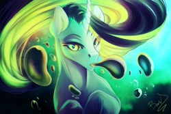 Size: 1500x1000 | Tagged: safe, artist:lazyeva, oc, oc only, pony, unicorn, bubble, crepuscular rays, curved horn, digital art, female, flowing mane, horn, lidded eyes, looking at you, mare, ocean, open mouth, poison, solo, sunlight, swimming, underwater, water