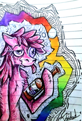 Size: 1074x1592 | Tagged: safe, artist:deidad dissitum, berry punch, berryshine, pony, g4, bottle, doodle, drunk, lined paper, solo, tongue out, traditional art, trippy, wine bottle