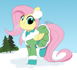 Size: 2500x2250 | Tagged: safe, artist:fakkajohan, fluttershy, pegasus, pony, g4, belt, clothes, cute, female, jacket, looking at you, outdoors, pine tree, scarf, shyabetes, signature, skirt, smiling, snow, socks, solo, tree, winter, winter outfit