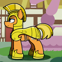 Size: 2048x2048 | Tagged: safe, artist:sefastpone, oc, oc only, oc:guten russ, earth pony, pony, armor, commission, male, outdoors, ponyville, royal guard, side view, solo, stallion