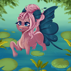 Size: 4320x4320 | Tagged: safe, artist:chazmazda, oc, oc only, original species, pony, artfight, bulbs, fangs, fins, lilypad, markings, outdoors, painting, pond, practice, practice drawing, ripple, shading, smiling, solo, species:finnlings, water