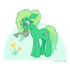 Size: 862x873 | Tagged: safe, artist:waffletheheadmare, oc, oc only, oc:tulip patch, earth pony, flower, glasses, green fur, green hair, simple background, smiling, solo, watering can