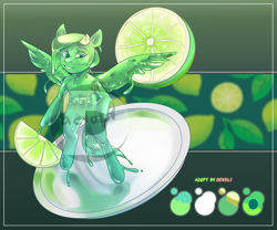 Size: 3000x2490 | Tagged: safe, artist:devi_shade, oc, oc only, goo, goo pony, original species, pegasus, semi-anthro, adoptable, belt, lime, solo, spread wings, watermark, wings