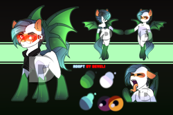 Size: 3000x2005 | Tagged: safe, artist:devi_shade, oc, oc only, bat pony, pony, adoptable, clothes, fangs, forked tongue, long tongue, male, reference sheet, shirt, socks, solo, stallion, tongue out, visor, watermark