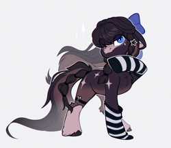 Size: 2365x2048 | Tagged: safe, artist:rexyseven, oc, oc only, pony, bow, clothes, gray background, hair bow, simple background, socks, solo, striped socks