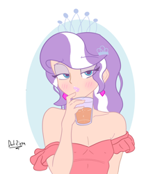 Size: 2542x2731 | Tagged: safe, artist:datzigga, diamond tiara, human, g4, breasts, cleavage, clothes, cup, dress, drink, erect nipples, female, humanized, jewelry, makeup, nipple outline, older, older diamond tiara, solo, strapless, strapless dress, tiara