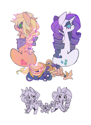 Size: 985x1353 | Tagged: safe, artist:cutesykill, applejack, rarity, earth pony, pony, unicorn, g4, alternate accessories, alternate hairstyle, alternate tailstyle, bandana, beanbrows, beauty mark, big ears, blonde mane, blonde tail, blue eyes, blue eyeshadow, braid, braided tail, colored eyebrows, colored eyelashes, duo, duo female, eyebrows, eyelashes, eyeshadow, female, freckles, frown, green eyes, hair tie, hatless, horn, intertwined tails, long mane, long tail, looking at you, looking back, looking back at you, makeup, mane tie, mare, missing accessory, neckerchief, no catchlights, orange coat, ponytail, profile, purple eyelashes, purple mane, purple tail, ringlets, running, sitting, slit pupils, smiling, smiling at you, spiky mane, symmetrical, tail, thick eyelashes, tied mane, tied tail, turned head, unicorn horn, unusual pupils, white coat, wide eyes