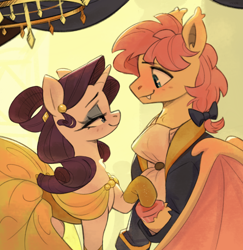 Size: 4000x4120 | Tagged: safe, artist:nookprint, fluttershy, rarity, bat pony, pony, unicorn, g4, absurd resolution, bat ponified, batterscotch, beauty and the beast, butterscotch, clothes, dress, duo, evening gloves, fangs, female, flutterbat, gloves, half r63 shipping, holding hooves, horn, lidded eyes, long gloves, looking at each other, looking at someone, male, race swap, rule 63, ship:flarity, ship:rariscotch, shipping, smiling, straight, suit