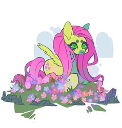 Size: 806x845 | Tagged: safe, artist:cutesykill, fluttershy, pegasus, pony, g4, alternate design, alternate eye color, beanbrows, blue sclera, colored eyebrows, colored muzzle, colored sclera, dark muzzle, eye, eyebrows, eyes, facial markings, female, flower, frown, grass, lying down, mare, no catchlights, pink mane, pink tail, prone, solo, spread wings, tail, thick eyelashes, thin wings, three quarter view, unusual pupils, wings, yellow coat