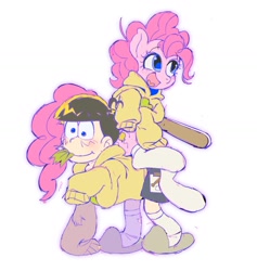 Size: 1484x1565 | Tagged: safe, artist:poneko-chan, pinkie pie, earth pony, human, pony, g4, ahoge, anime, blue eyes, blue pupils, blush scribble, blushing, brown hair, child, clothes, colored pupils, crossover, curly mane, curly tail, duo, duo male and female, eyelashes, female, grass, hoodie, jyuushimatsu matsuno, light skin, male, mare, open mouth, open smile, osomatsu-san, pink coat, pink mane, pink tail, ponies riding humans, riding, shiny eyes, shiny hair, shorts, simple background, sitting, slippers, smiling, socks, tail, three quarter view, white background, white socks