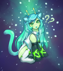 Size: 1600x1800 | Tagged: safe, artist:moewwur, artist:rin-mandarin, alien, alien pony, pony, antennae, blue mane, cat ears, cat tail, clothes, crossover, female, full body, green eyes, green fur, hatsune miku, long hair, long sleeves, looking at you, mare, necktie, open mouth, pigtails, ponified, question, sitting, sleeveless, socks, solo, space, stars, tail, tongue out, vocaloid