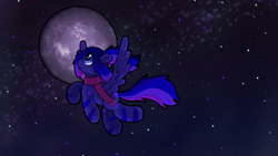 Size: 3840x2160 | Tagged: safe, artist:nambo, oc, oc only, oc:midnight skies, pegasus, pony, clothes, flying, gift art, moon, night, night sky, scarf, sky, solo, space, stars