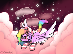 Size: 1932x1420 | Tagged: safe, artist:nambo, oc, oc only, oc:slumber haze, pegasus, pony, clothes, cloud, dream realm, multicolored hair, rainbow hair, rainbow tail, sleepy, socks, solo, space, striped socks, tail