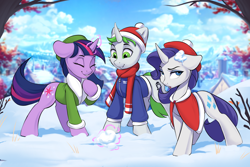 Size: 3000x2000 | Tagged: safe, artist:kittytitikitty, rarity, twilight sparkle, oc, pony, unicorn, g4, canon x oc, female, game, horn, male, mare, outdoors, shipping, snow, snowball, stallion, trio, unicorn twilight, winter