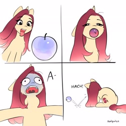 Size: 2048x2048 | Tagged: safe, artist:katputze, oc, oc only, oc:crimson sunset, pony, unicorn, apple, asphyxiation, choking, choking hazard, comic, female, food, glass, horn, mare, solo, throat bulge, tongue out, too dumb to live