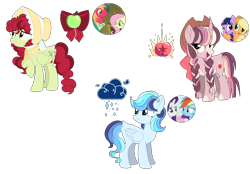 Size: 1158x804 | Tagged: safe, artist:velocityspell, applejack, big macintosh, fluttershy, rainbow dash, rarity, twilight sparkle, oc, unnamed oc, earth pony, pegasus, pony, unicorn, g4, base used, bonnet, braid, cowboy hat, cutie mark, female, folded wings, hat, horn, lesbian, magical lesbian spawn, male, mare, mare oc, offspring, parent:applejack, parent:big macintosh, parent:fluttershy, parent:rainbow dash, parent:rarity, parent:twilight sparkle, parents:fluttermac, parents:raridash, parents:twijack, pegasus oc, reference sheet, screencap reference, ship:fluttermac, ship:raridash, ship:twijack, shipping, simple background, straight, transparent background, trio, unicorn oc, wings