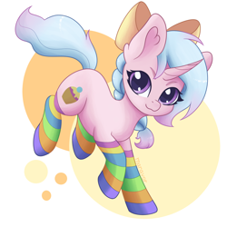 Size: 1500x1500 | Tagged: safe, artist:maravor, oc, oc only, pony, unicorn, bow, clothes, female, hair bow, horn, mare, socks, solo, striped socks