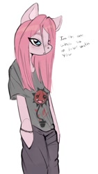 Size: 578x1022 | Tagged: safe, artist:calmstate2, pinkie pie, earth pony, semi-anthro, g4, clothes, female, lyrics, pinkamena diane pie, shirt, simple background, sweat, t-shirt, text, white background