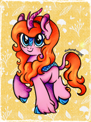 Size: 2494x3337 | Tagged: safe, artist:dariarchangel, oc, oc only, oc:dazha, kirin, g4, adorable face, blue eyes, c:, cloven hooves, colored eartips, colored hooves, colored horn, curly hair, curly mane, curly tail, cute, cute face, cute smile, female, female oc, hairband, hooves, horn, kirin horn, kirin oc, kirin-ified, kirinbetes, leg fluff, leonine tail, mare, mare oc, ocbetes, orange hair, orange mane, orange tail, passepartout, patterned background, pink coat, raised hoof, smiling, solo, species swap, standing, standing on two hooves, tail, traditional art, unshorn fetlocks