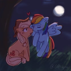 Size: 2048x2048 | Tagged: safe, artist:coffeelyee, applejack, rainbow dash, pony, g4, blushing, duo, duo female, female, kissing, lesbian, moon, night, outdoors, ship:appledash, shipping, tree