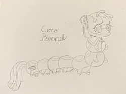 Size: 4032x3024 | Tagged: safe, artist:aidanthedrawerboi10, coco pommel, caterpillar, g4, leaf, monochrome, solo, species swap, traditional art