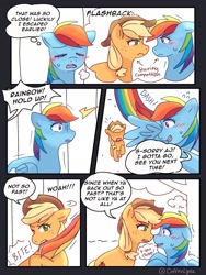 Size: 1536x2048 | Tagged: safe, artist:coffeelyee, applejack, rainbow dash, earth pony, pegasus, pony, g4, applejack's hat, biting, blushing, comic, cowboy hat, dialogue, duo, duo female, ears back, female, flashback, floppy ears, flying, folded wings, freckles, hairband, hat, lesbian, looking at each other, looking at someone, mare, ship:appledash, shipping, spread wings, stare, staring contest, tail, tail bite, thought bubble, wings