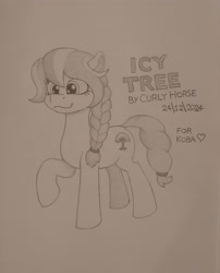 Size: 3060x3780 | Tagged: safe, artist:curly horse, oc, oc only, oc:icy tree, earth pony, pony, black and white, braid, character name, cute, earth pony oc, female, gift art, grayscale, high res, mare, monochrome, ocbetes, pencil drawing, raised hoof, reference sheet, signature, simple background, solo, traditional art