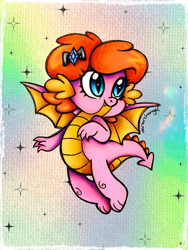 Size: 2250x3000 | Tagged: safe, artist:dariarchangel, oc, oc only, oc:dazha, dragon, g4, adorable face, baby, baby dragon, belly, blue eyes, bow, cute, cute face, cute little fangs, cute smile, dragon oc, dragon tail, dragon wings, dragoness, dragonified, fangs, female, female oc, flying, hair bow, non-pony oc, ocbetes, passepartout, pink body, scaled underbelly, solo, sparkles, species swap, spread wings, tail, traditional art, wings