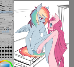 Size: 834x750 | Tagged: safe, artist:calmstate2, pinkie pie, rainbow dash, earth pony, pegasus, semi-anthro, g4, art program in frame, blushing, duo, female, looking at each other, looking at someone, pinkamena diane pie, wings, wip