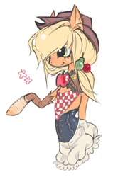 Size: 576x905 | Tagged: safe, artist:calmstate2, applejack, earth pony, semi-anthro, g4, applejack's hat, arm warmers, clothes, corset, cowboy hat, ear piercing, earring, hat, jewelry, neckerchief, piercing, simple background, skirt, solo, white background