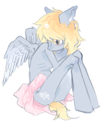 Size: 475x547 | Tagged: safe, artist:calmstate2, derpy hooves, pegasus, anthro, g4, breastless female, clothes, emaciated, female, partial nudity, ribs, simple background, sitting, skinny, skirt, solo, thin, topless, white background, wings