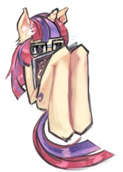 Size: 715x1007 | Tagged: safe, artist:calmstate2, moondancer, unicorn, semi-anthro, g4, book, ear fluff, female, glasses, horn, reading, simple background, solo, white background