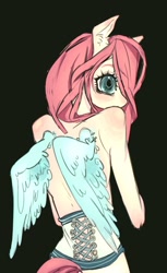 Size: 662x1080 | Tagged: safe, artist:calmstate2, fluttershy, pegasus, semi-anthro, g4, clothes, corset, female, green background, hair over one eye, simple background, solo, wings