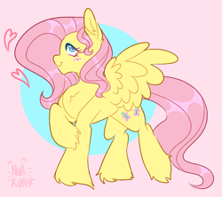 Size: 1322x1176 | Tagged: safe, artist:nullkunst, artist:nullkunstt, fluttershy, pegasus, pony, g4, blush scribble, blushing, female, floating heart, heart, hoof fluff, mare, pink background, signature, simple background, smiling, solo, spread wings, unshorn fetlocks, wings