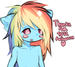 Size: 765x676 | Tagged: safe, artist:calmstate2, rainbow dash, anthro, g4, blushing, bust, collarbone, followers, human shoulders, humanoid torso, milestone