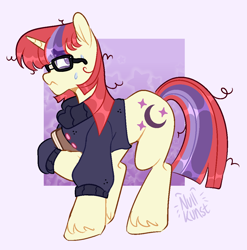 Size: 1044x1058 | Tagged: safe, artist:nullkunst, artist:nullkunstt, moondancer, pony, unicorn, g4, book, clothes, female, frazzled hair, frown, glasses, hoof fluff, hoof hold, horn, looking back, mare, messy mane, passepartout, signature, solo, sweat, sweatdrop, sweater