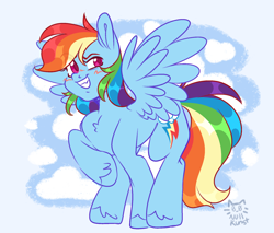 Size: 1874x1600 | Tagged: safe, artist:nullkunst, artist:nullkunstt, rainbow dash, pegasus, pony, g4, blush scribble, blushing, chest fluff, eye clipping through hair, female, grin, hoof fluff, mare, redraw, remake, signature, smiling, solo