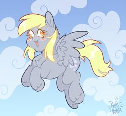 Size: 1055x975 | Tagged: safe, artist:nullkunst, artist:nullkunstt, derpy hooves, pegasus, pony, g4, blush scribble, blushing, cloud, female, flying, hoof fluff, mare, open mouth, open smile, outdoors, signature, sky, smiling, solo