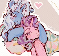 Size: 1030x970 | Tagged: safe, artist:neexsa, starlight glimmer, trixie, pony, unicorn, g4, blanket, blushing, cuddling, duo, female, floating heart, heart, horn, lesbian, pillow, ship:startrix, shipping