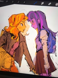 Size: 1536x2048 | Tagged: safe, artist:neexsa, sunset shimmer, twilight sparkle, human, equestria girls, g4, art program in frame, backpack, blushing, clothes, duo, female, glasses, jacket, lesbian, looking at each other, looking at someone, ship:sunsetsparkle, shipping, wip