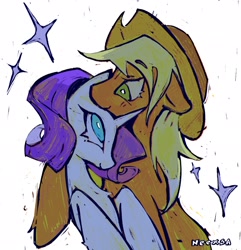 Size: 1972x2048 | Tagged: safe, artist:neexsa, applejack, rarity, earth pony, pony, unicorn, g4, applejack's hat, cowboy hat, female, hat, horn, hug, lesbian, mare, ship:rarijack, shipping