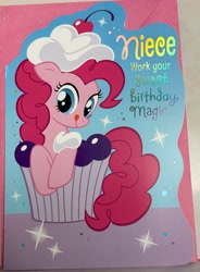 Size: 3319x4499 | Tagged: safe, pinkie pie, g4, birthday, card, cupcake, food, irl, merchandise, photo, solo