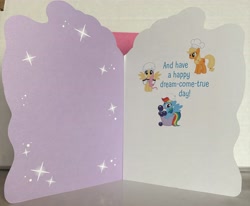 Size: 4284x3537 | Tagged: safe, applejack, fluttershy, rainbow dash, g4, birthday, card, chef's hat, female, hat, irl, merchandise, photo, trio, trio female