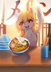 Size: 1748x2480 | Tagged: safe, artist:glumarkoj, oc, oc only, pegasus, pony, bottle, bowl, chest fluff, chopsticks, ear fluff, ear piercing, egg (food), eyebrows, eyebrows visible through hair, female, food, fried egg, mare, noodles, piercing, ramen, restaurant, solo