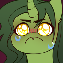 Size: 2362x2362 | Tagged: safe, artist:glumarkoj, pony, unicorn, :c, blushing, crying, eyebrows, eyebrows visible through hair, frown, horn